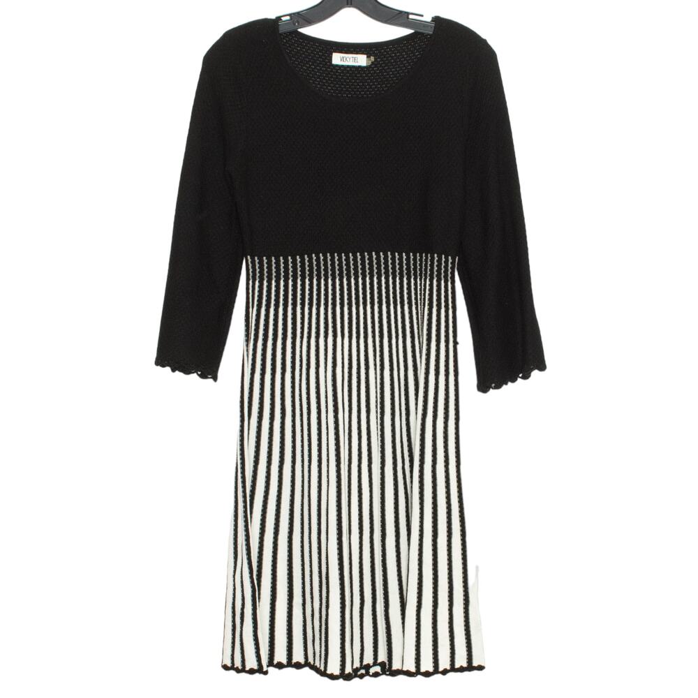 Vicky Tiel Dress 3/4 Sleeve Retro Mod Monochrome Stripe Black White Size Small
